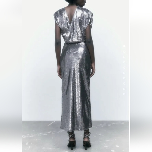 Zara SEQUIN SILVER LONG  DRESS GOWN Size S - Picture 8 of 16